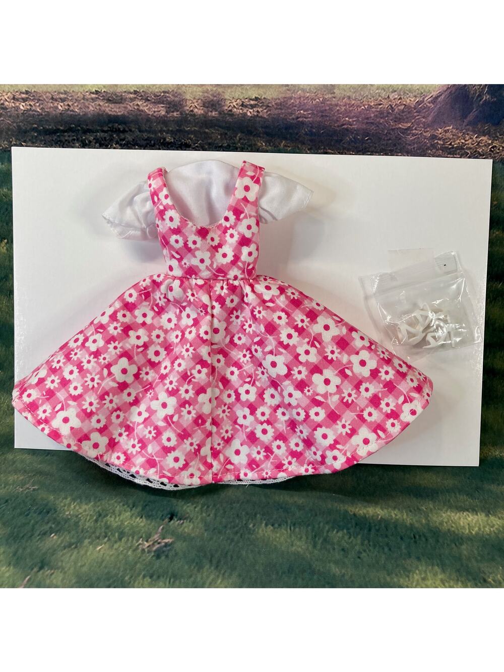 Artisan-Made Vintage-Style Pink & White Floral Dress & Shoes (for 12" Dolls)